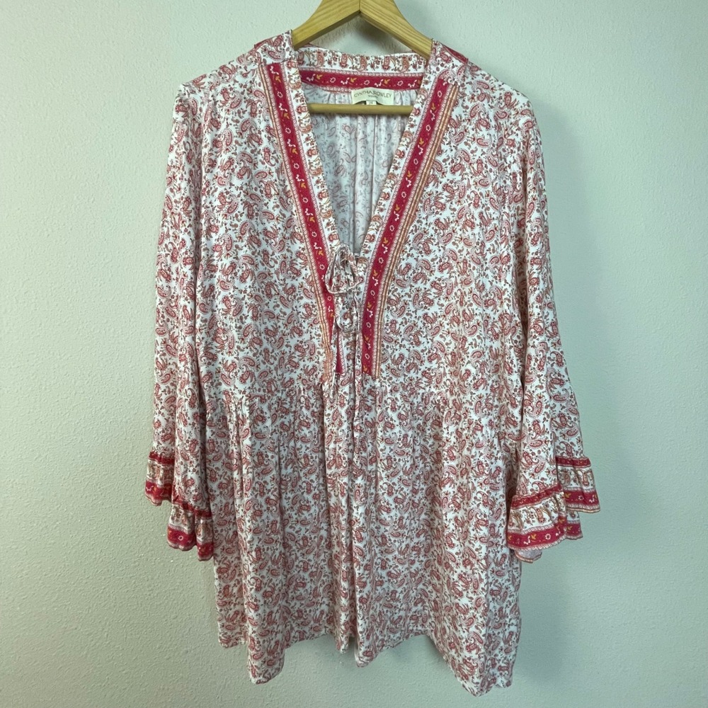 Cynthia Rowley Woman Red Paisley Print Long Sleeve Tie Neck Tunic Top 2X